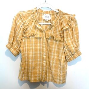 The Shirt by Rochelle Behrens Short Sleeve Ruffle Blouse Plaid Button Down